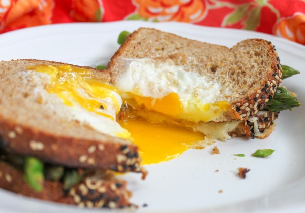 Egg in a Basket Grilled Cheese with Asparagus Close Up