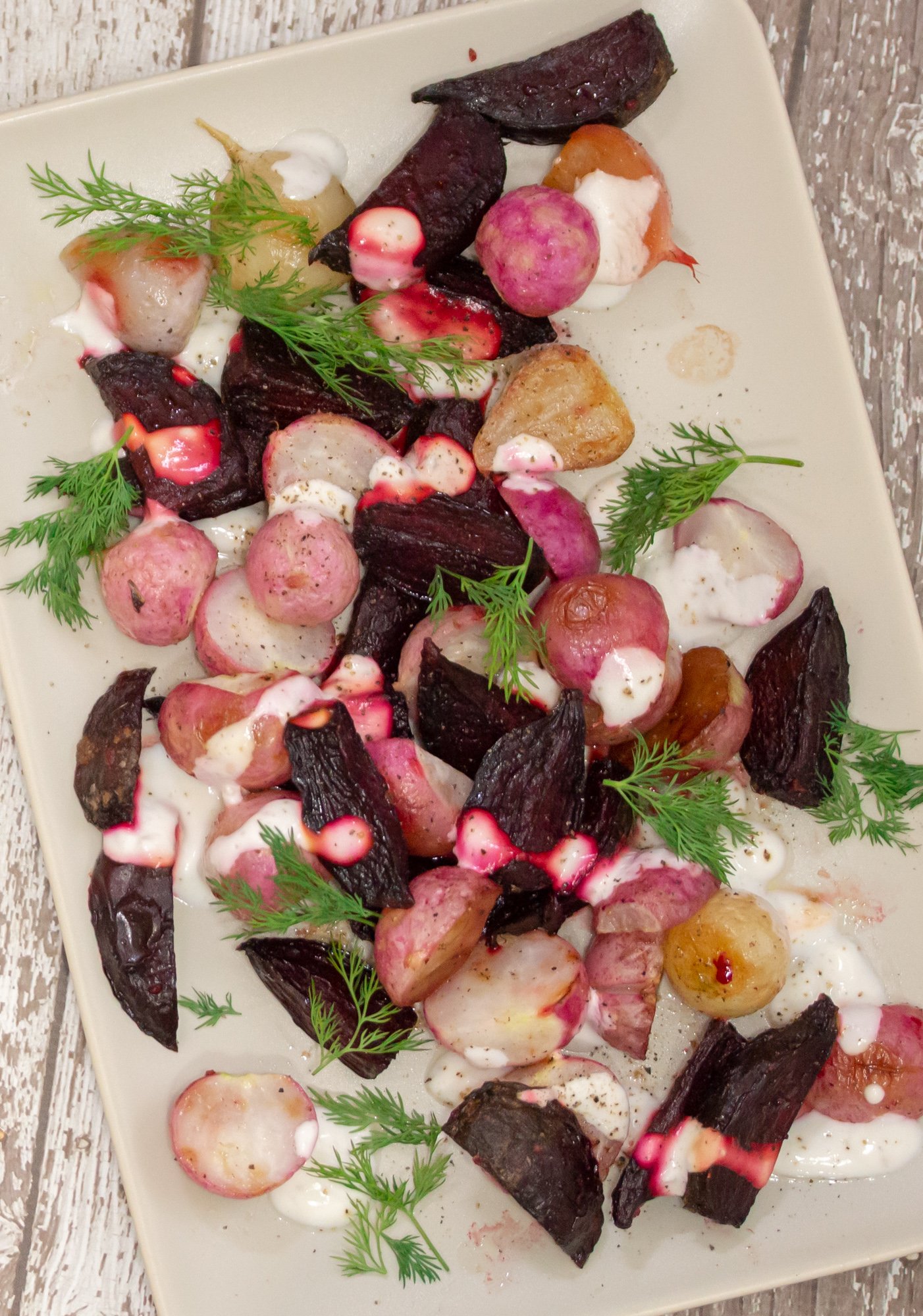 Roasted Beets & Radishes with Garlic Dill Yogurt Sauce - Jerry James Stone