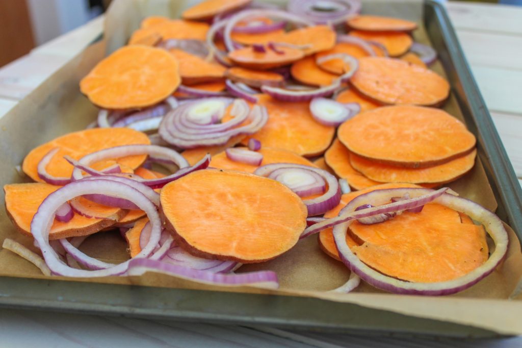 Roasting Sweet Potatoes and Red Onions 1