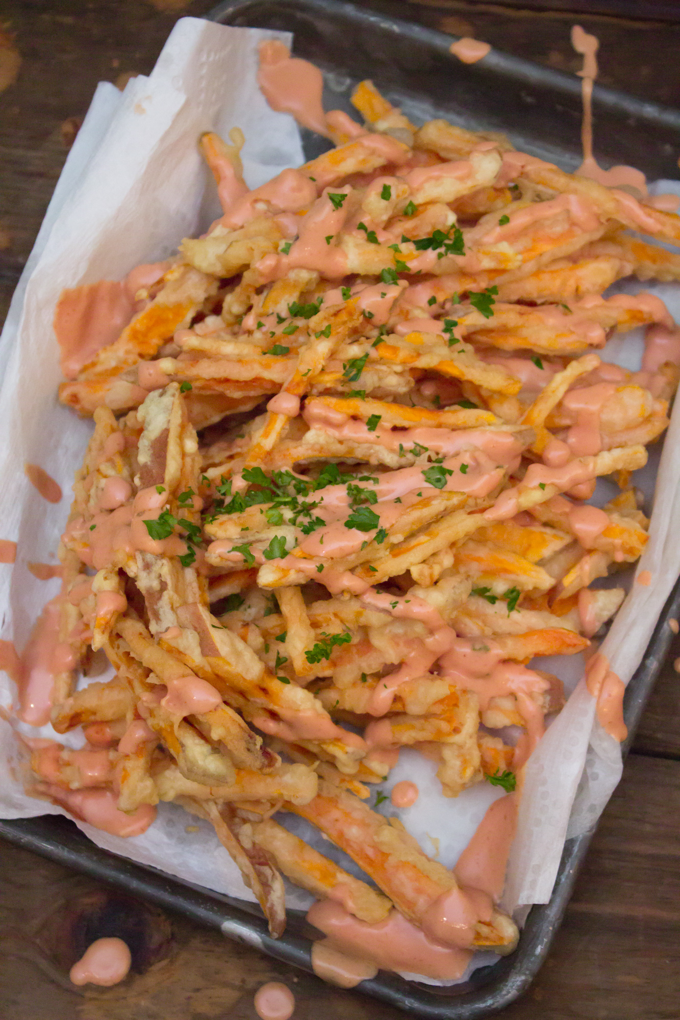 Sweet Potato Tempura Fries with Sriracha Aioli