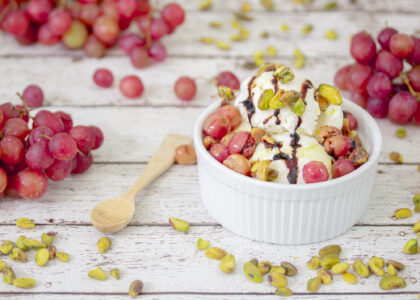 Roasted Grape & Candied Pistachio Ice Cream Sundae Main