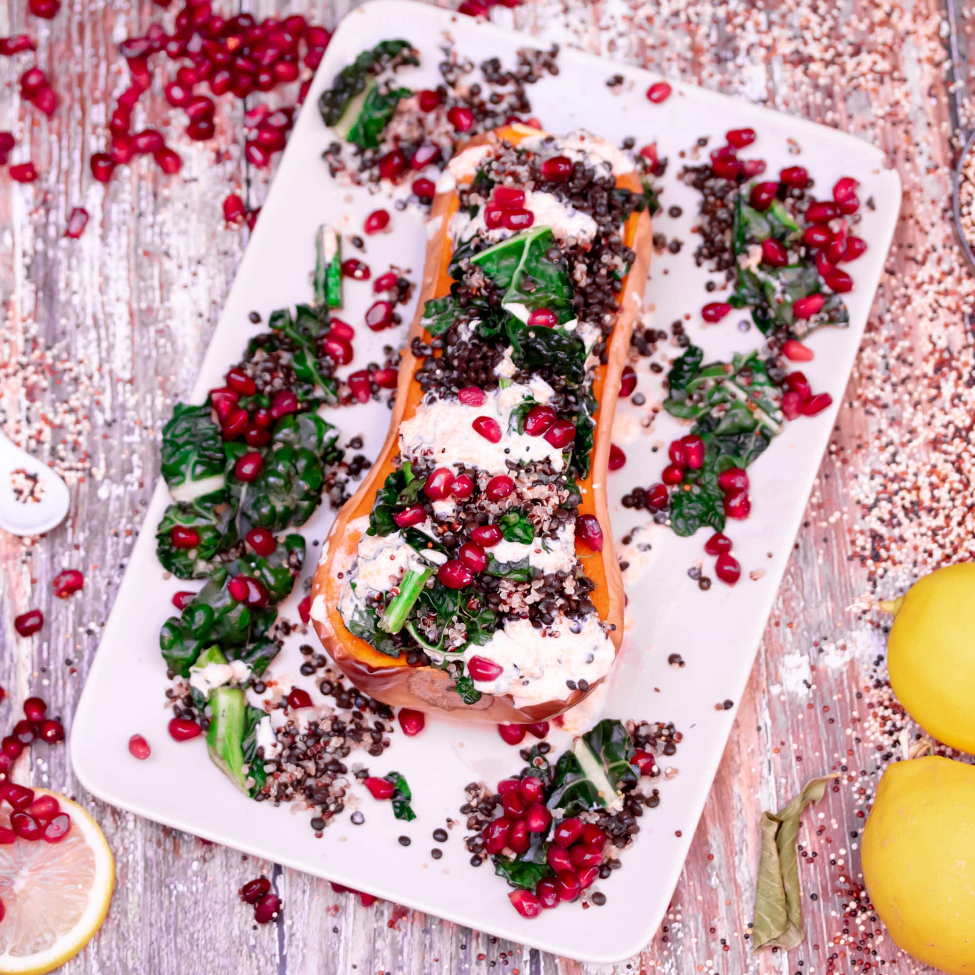 Stuffed Butternut Squash with Lentils, Greens & Quinoa