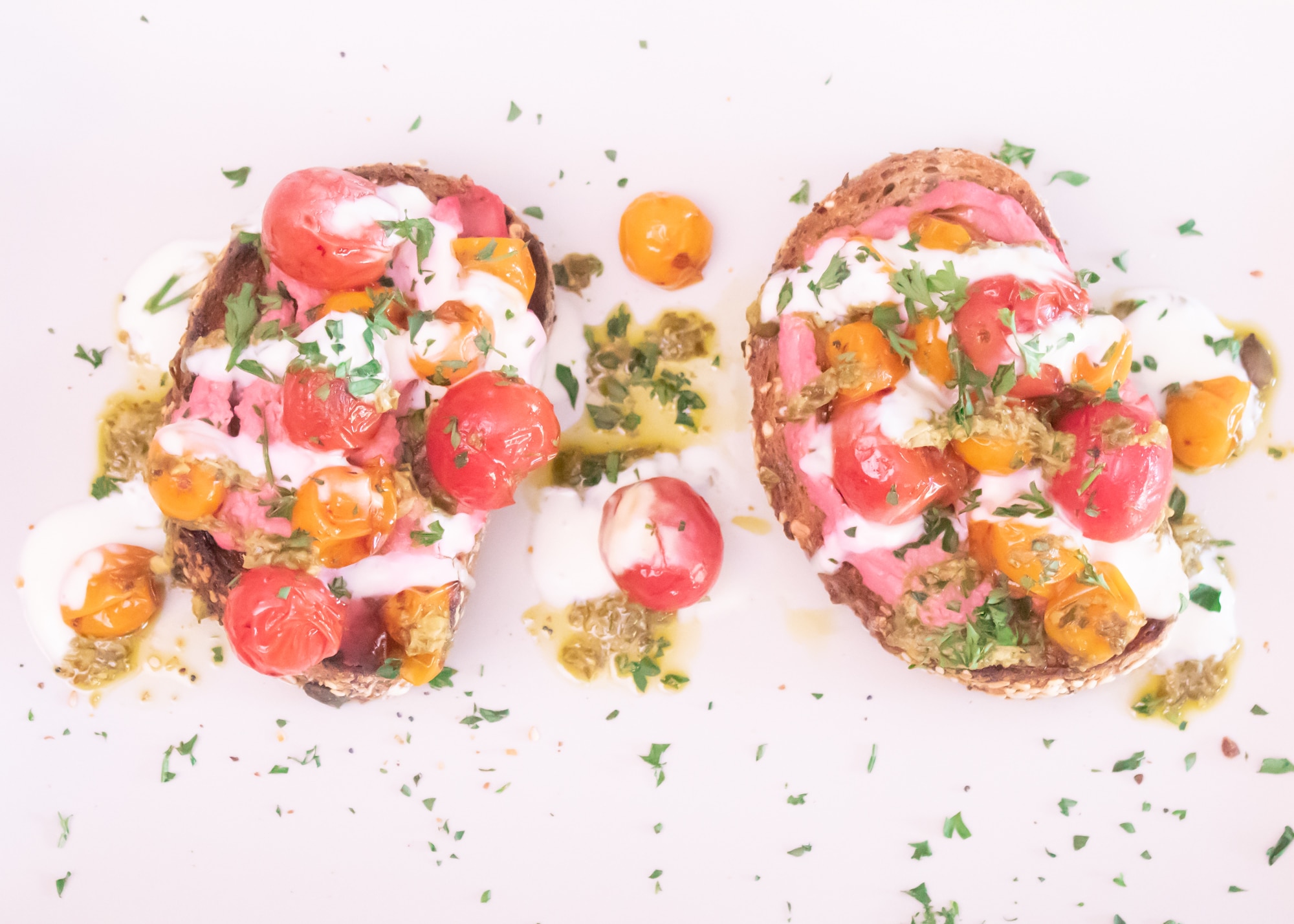 Cherry Tomato Hummus Toast with Pesto