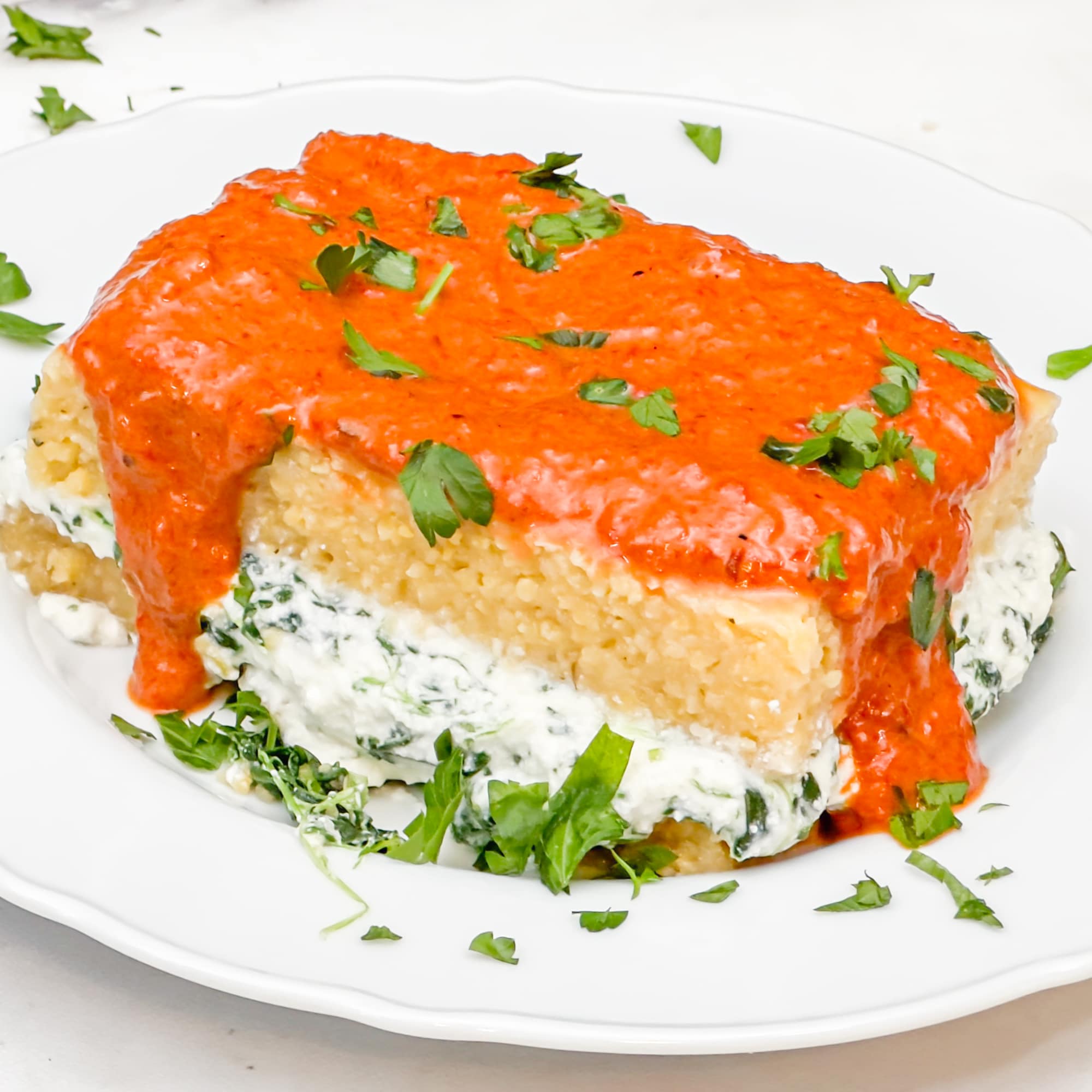 Stuffed Polenta & Roasted Red Pepper Sauce
