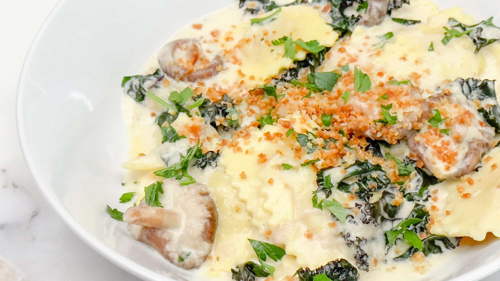 Creamy Cheese Ravioli with Shiitake Mushroom, Kale Hero
