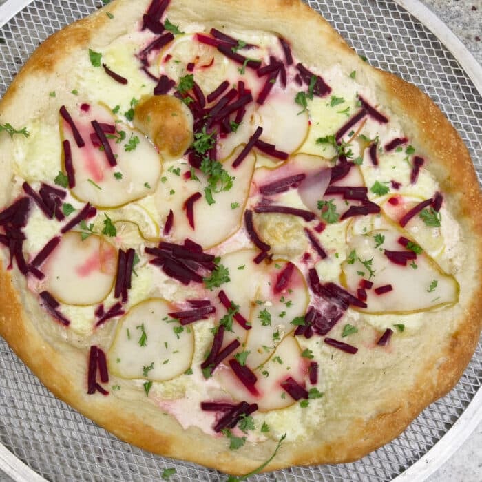 Pear Beet & Lemon Pizza with Parsley & White Cheddar Square
