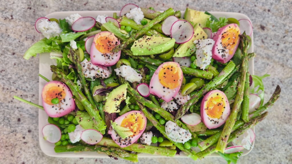 Roasted Asparagus & Pickled Egg Salad with Olives, Quinoa